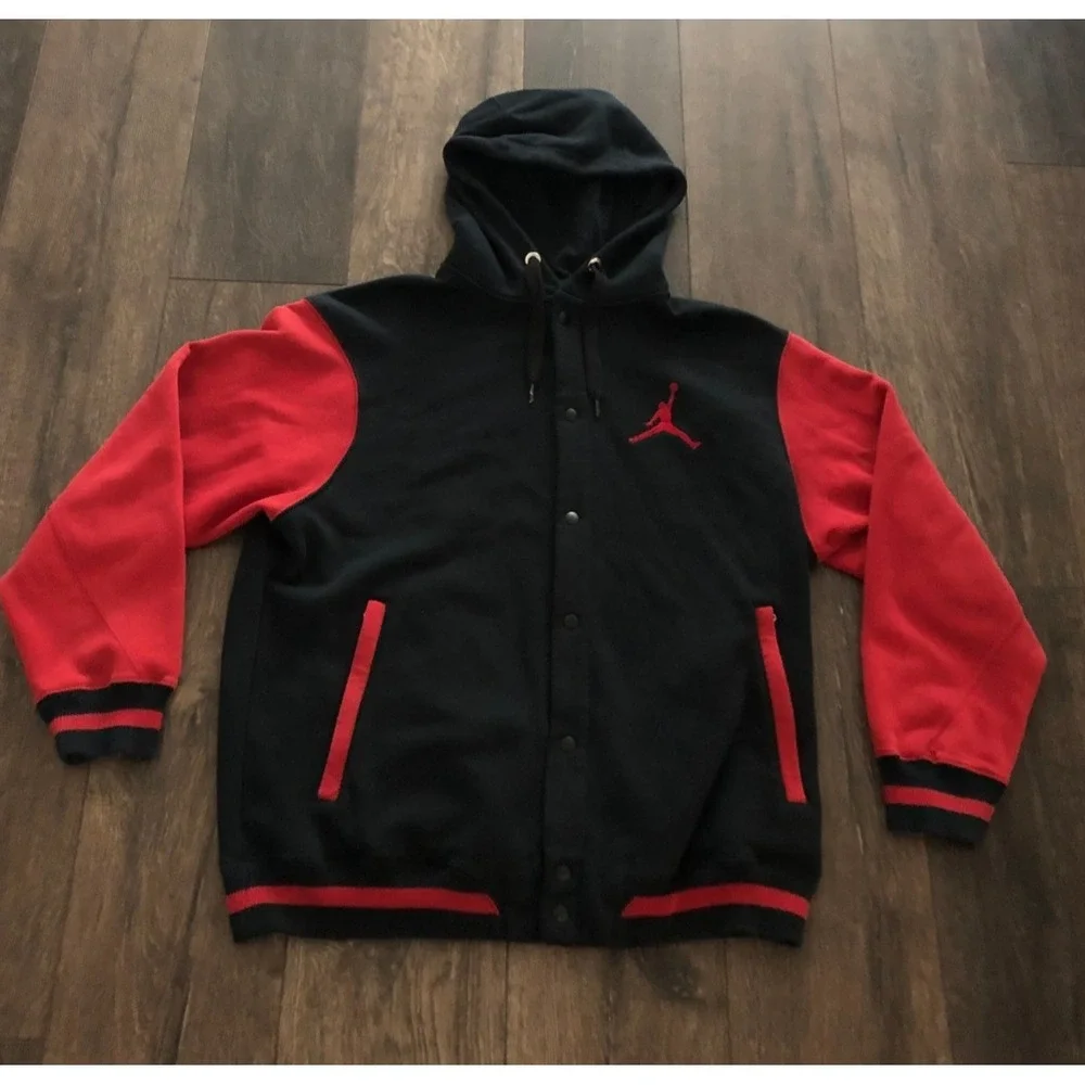 Nike Jordan Varsity Jacket Mens 2XL Black Red Fleece Basketball Classic Logo